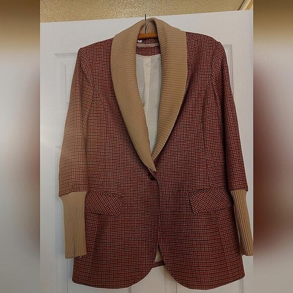 Dark Academia Blazer Plaid Wool with Rib Knit Trim Vintage Library Style - Picture 6 of 14